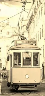 Vintage streetcar in European city street, framed by architecture.