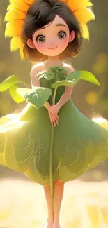 Whimsical art of a sunflower fairy with a glowing green dress.