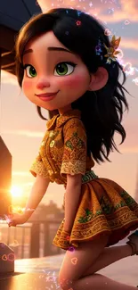 Charming animated character in sunset scene on mobile wallpaper.