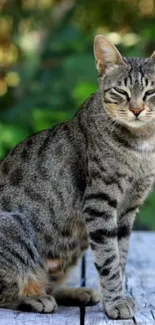 Charming tabby cat sitting on wooden table against green background.