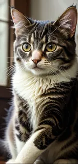 Charming tabby cat sitting by a window with green eyes.