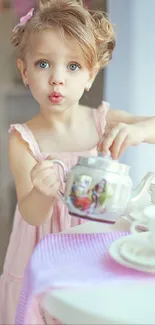 Young girl in pink dress pouring tea at a colorful tea party.