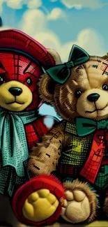 Two cute animated teddy bears dressed in colorful outfits on a vibrant background.