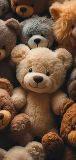 A cozy arrangement of plush teddy bears in various shades and sizes for mobile wallpaper.