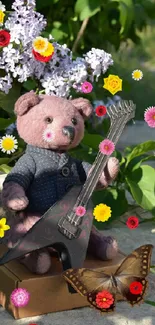 Teddy bear with guitar among flowers and greenery.