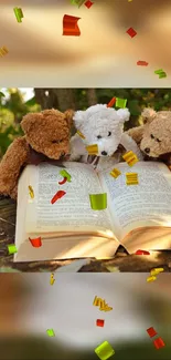 Three teddy bears reading an open book outdoors, with colorful confetti floating around.