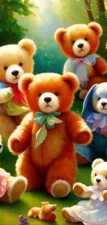 Charming teddy bears gather in a vibrant, sunny meadow scene.