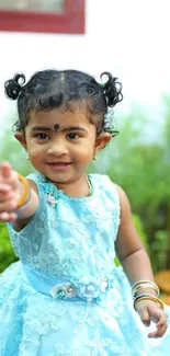 Adorable toddler in sky blue dress reaching out with a smile in a lush garden.