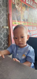 Adorable toddler smiling in blue shirt at cafe.