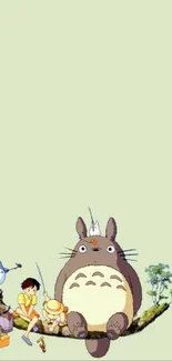 Totoro and friends on a branch, pastel green background.