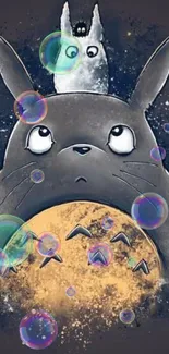 Whimsical Totoro artwork with night sky backdrop, perfect for anime fans.