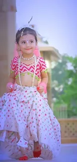 Adorable child in traditional attire with a bright smile outdoors.