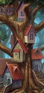 Fantasy treehouse artwork with intricate wooden houses.