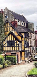 Tudor-style village with rustic buildings and lush greenery on a cloudy day.