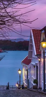 Charming twilight street view with purple sky and streetlamps by the water.