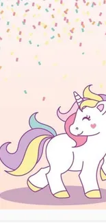 Colorful unicorn with confetti on a pastel background.