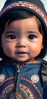 Adorable baby in traditional outfit standing on an urban street.