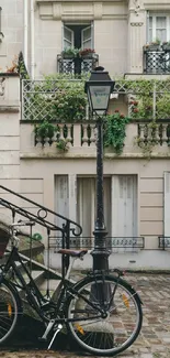 Vintage bicycle in charming Parisian street scene with elegant architecture.