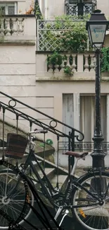 Parisian street with a vintage bicycle and elegant architecture.