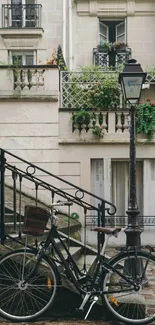 Vintage bicycle by Parisian building stairs.