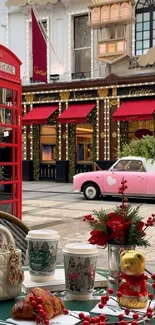 Charming European street café with red phone booth and festive decorations.