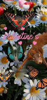 Valentine's themed wallpaper with butterflies, squirrel, and daisies.