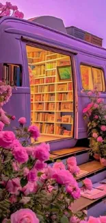 Van with books and pink roses in a purple-hued landscape.