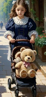 Victorian girl with teddy bear in stroller on cobblestone path.