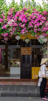 Traditional Vietnamese street scene with vibrant colors and floral display.