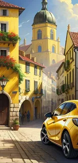 Picturesque village with yellow car and historic architecture.