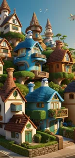 Charming village houses with whimsical roofs and lush greenery.