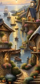 Charming village with boats by the water at sunset.