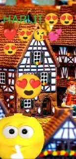 Charming village scene with expressive emojis and colorful houses.