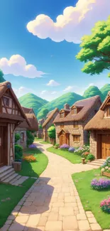 Charming village with thatched cottages and colorful flowers under a bright blue sky.