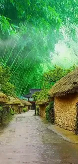 Serene village path with thatched roofs and lush greenery.