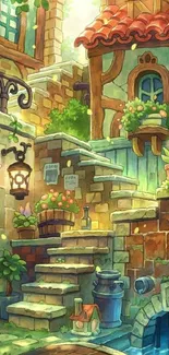 Charming village wallpaper with steps and greenery.