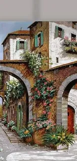 Rustic European village street with flowers and stone arches.