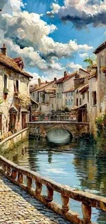 Picturesque village street beside a tranquil canal under a vibrant sky.