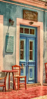 Vintage café exterior with teal doors and red seating, rustic charm wallpaper.