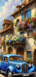 Vintage blue car by a floral cottage in scenic setting.