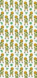 Vintage cartoon pattern wallpaper in green and yellow tones.