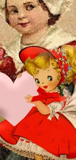 Vintage doll in red dress, holding heart.