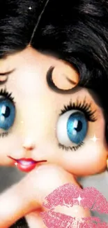 Charming vintage doll with blue eyes and pink lipstick kiss.