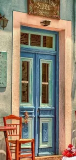 Vintage blue door with rustic charm and inviting chairs.