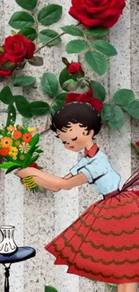 Vintage girl with bouquet and red roses in art.