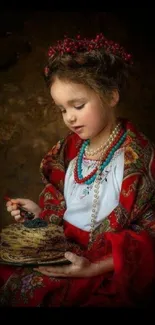 Vintage portrait of a girl in red traditional attire.