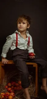 Vintage portrait of boy with apples, dark background.