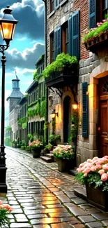 Charming vintage street with flowers and greenery on cobblestone path.