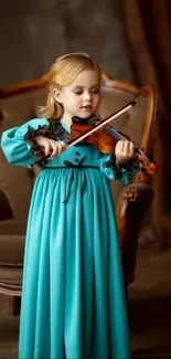 Young girl in turquoise dress playing violin elegantly.