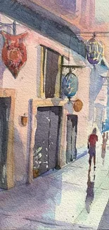 Watercolor painting of a serene urban street scene with soft blues and purples.